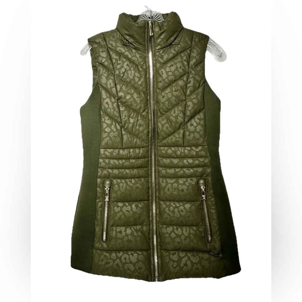Michael‎ Kors Women's Quilted Trim Puffer Vest Size XS Green Cheetah No Hood